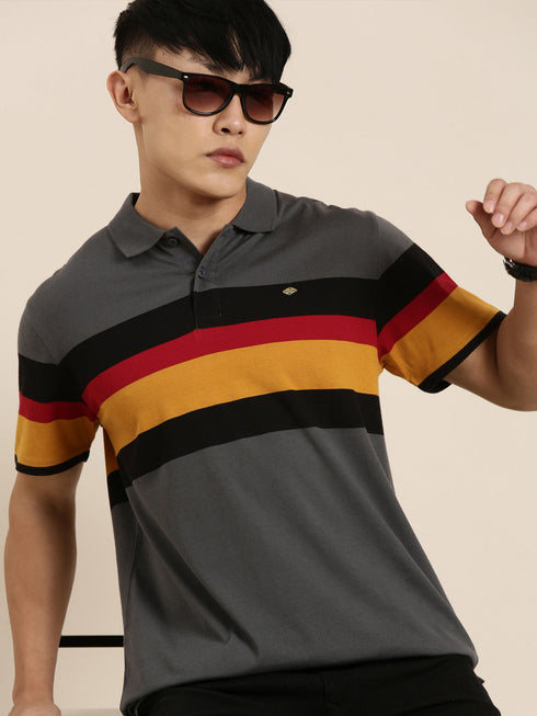 Dark Grey Striped Polo T-shirt